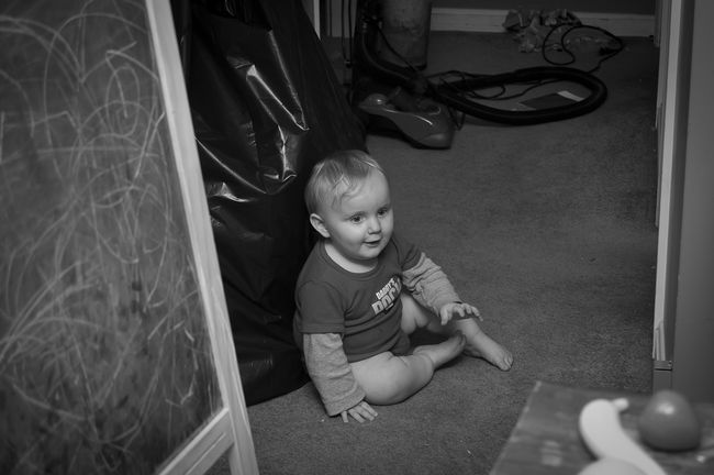 Declan hangin' with the garbage bags
