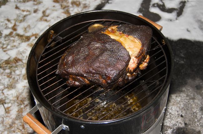 Finished pork butt on the smoker
