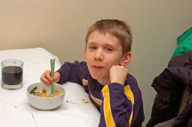 James eating chinese food
