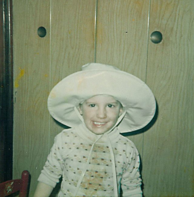 Mike in Mom's rain hat
around 1976
Keywords: Mike